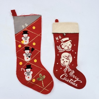 Vtg MCM Christmas Felt Stockings Set of 2 Snowman MA Pa Holiday Decor Retro