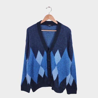 BEAMS HEART Herren Blau Mohair Mischung Shaggy Grunge Argyle Strickjacke - Größe L