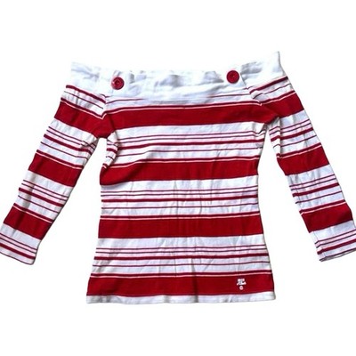 Courreges Striped Off Shoulder Top Red White Size 38 S Cotton Knit Shirt W/Logo