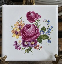1 pc Vintage Ceramic Tile Daltile 4-1/4" Pink Rose On White Made In USA