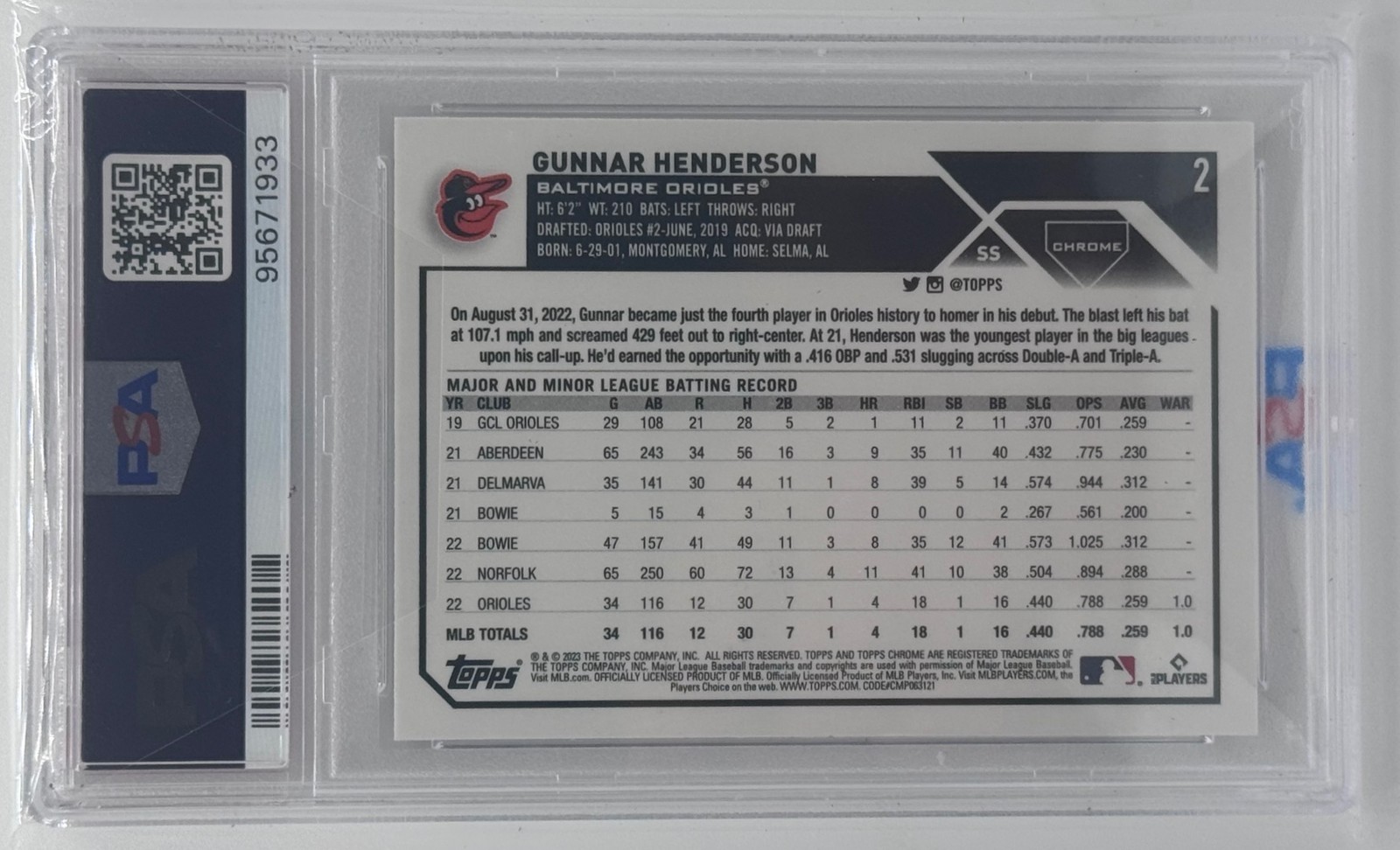 2023 Topps Chrome Gunnar Henderson #2 RC Baltimore Orioles PSA 10 view 2