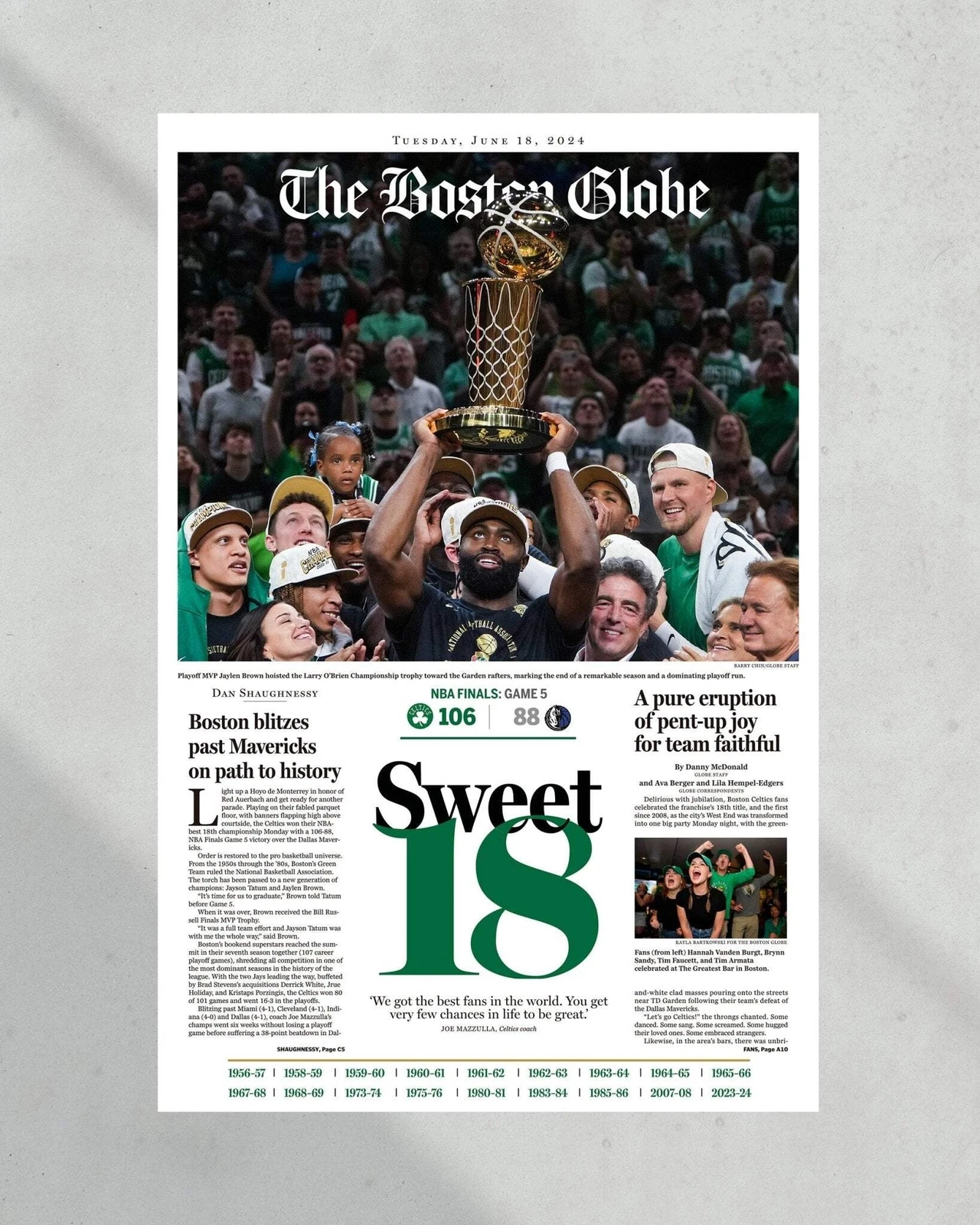 2024 Boston Celtics NBA Champions 'Sweet 18' UnFramed Newspaper
