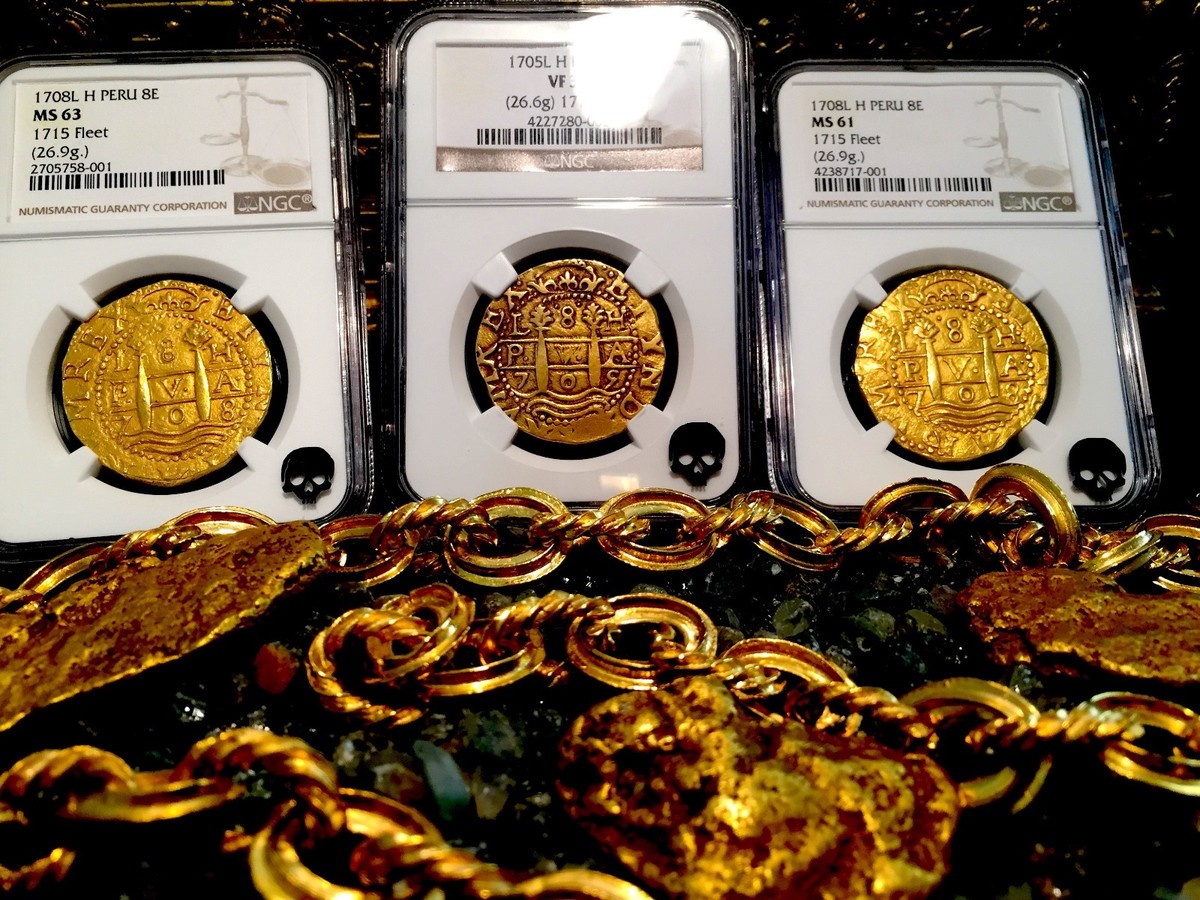 PERU 1708 8 ESCUDOS NGC 61 1715 FLEET PIRATE GOLD COINS SHIPWRECK