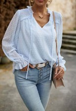 Ruffle Tie Neck Swiss Dot Blouse