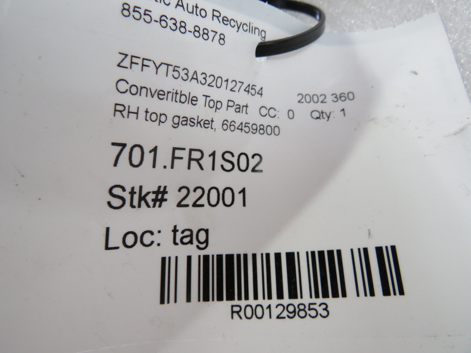 Ferrari 575, F430, RH, Right, Convertible Top, Top Gasket, Used, P/N66459800 