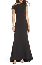 JARLO Black Asymmetric Neck Off One Shoulder Trumpet Train Maxi Gown Dress 4 = S