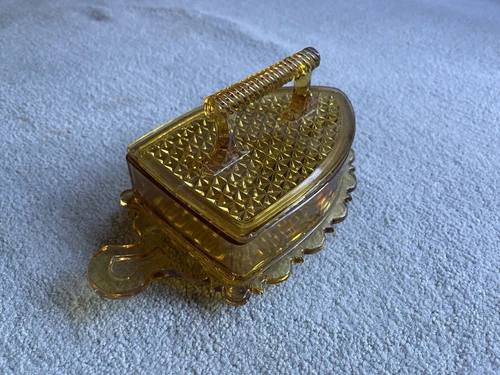 Yellow Depression Glass Iron Shaped Dish Candy Serving w/ Lid