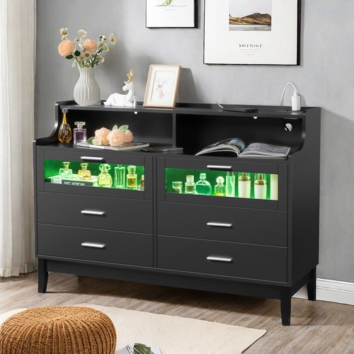 6-Drawer Nightstand - 2 Tempered Glass LED Lighting Drawers & Black Beside Table - Picture 9 of 24