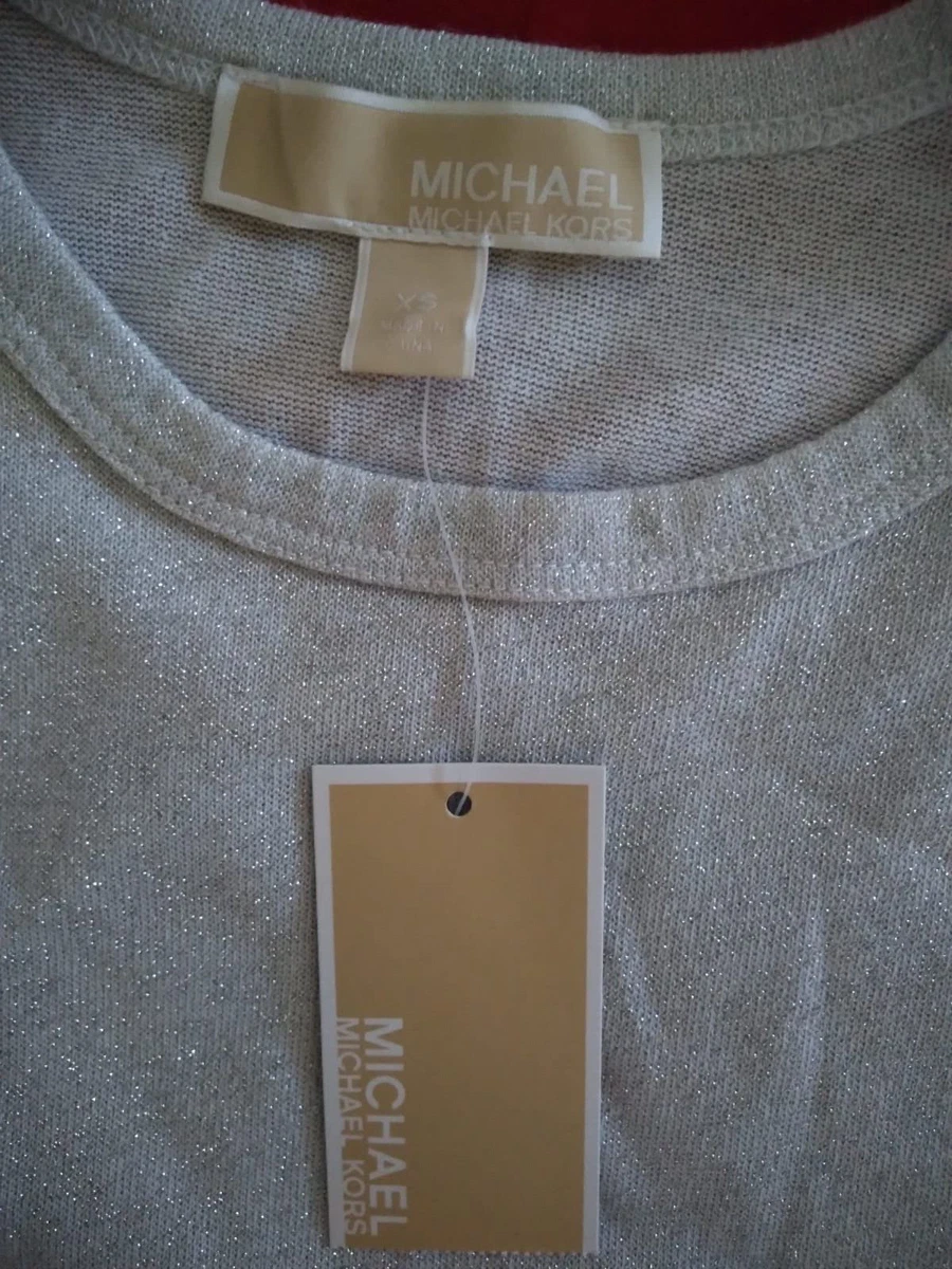 MICHAEL KORS Shirt White Silver Metallic Short Sleeve XS Top Blouse NWT