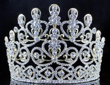 SENSATIONAL CLEAR CRYSTAL RHINESTONE LG TIARA CROWN BRIDAL PROM T11883G GOLD