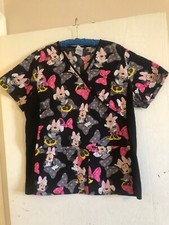 Disney Medical Scrub Top Sz Med Minnie Mouse Pink Black 2 Pockets V Neck