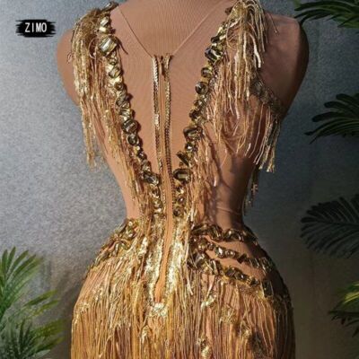 Women Gold Rhinestone Tassel Long Dress Performance Stage Wear Party  Costume | eBay