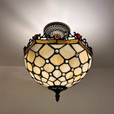 Tiffany Style Ceiling Lights Fixt Beige Stained Glass Crystal Beans 12  W 12  H