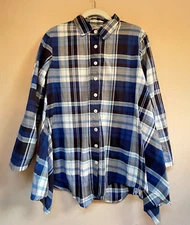 Tulip Womens Small Blue Button Up Plaid Swing Tunic Top Shirt Button-Back Casual