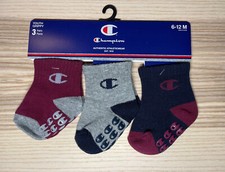 Champion Youth Baby GRIPPY Socks 3 Pairs Size 6-12 Months Gray/Black/Red NWT