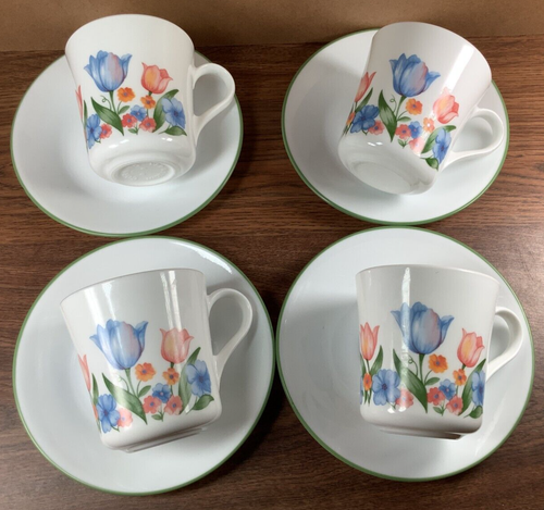 Corelle Mugs / Cups And Saucers 4 Sets FRESH CUT TULIPS 3.5" Flowers On White - Picture 2 of 14