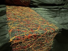 Taffeta Faux Silk Fabric, Per Metre - Scribble Embroidered Double Border - Green