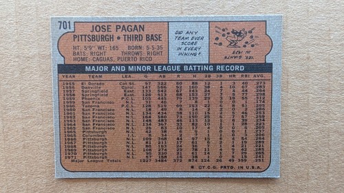 1972 Topps JOSE PAGAN Card #701 PITTSBURGH PIRATES - Picture 2 of 2