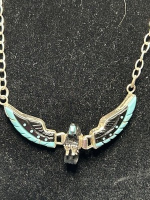 Navajo 925 Sterling Carved Onyx Turquoise Eagle 20'' Necklace by Ben Livingston