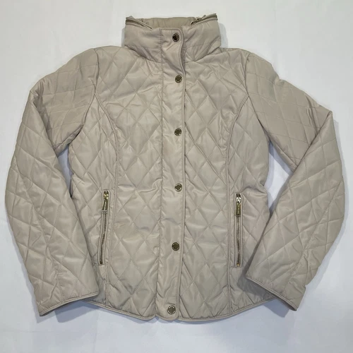 Giacca Michael Kors trapuntata finto collo zip bottone a scatto cappuccio nascosta avorio XS