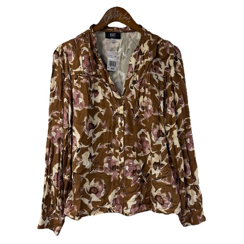 Kut From The Cloth Floral Top Pink Brown Long Sleeve Loose V Neck Medium