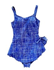 Vtg 90s Maxine of Hollywood Blue Shibori Print One Piece Sz 14 Swimsuit Retro