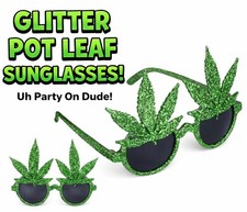 GLITTER POT LEAF SUNGLASSES Funny Glasses Marijuana Green Reefer Weed Party Gag