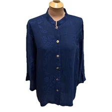 Citron Santa Monica Women’s Navy Silk Blend Blouse Size XL Button Up Floral