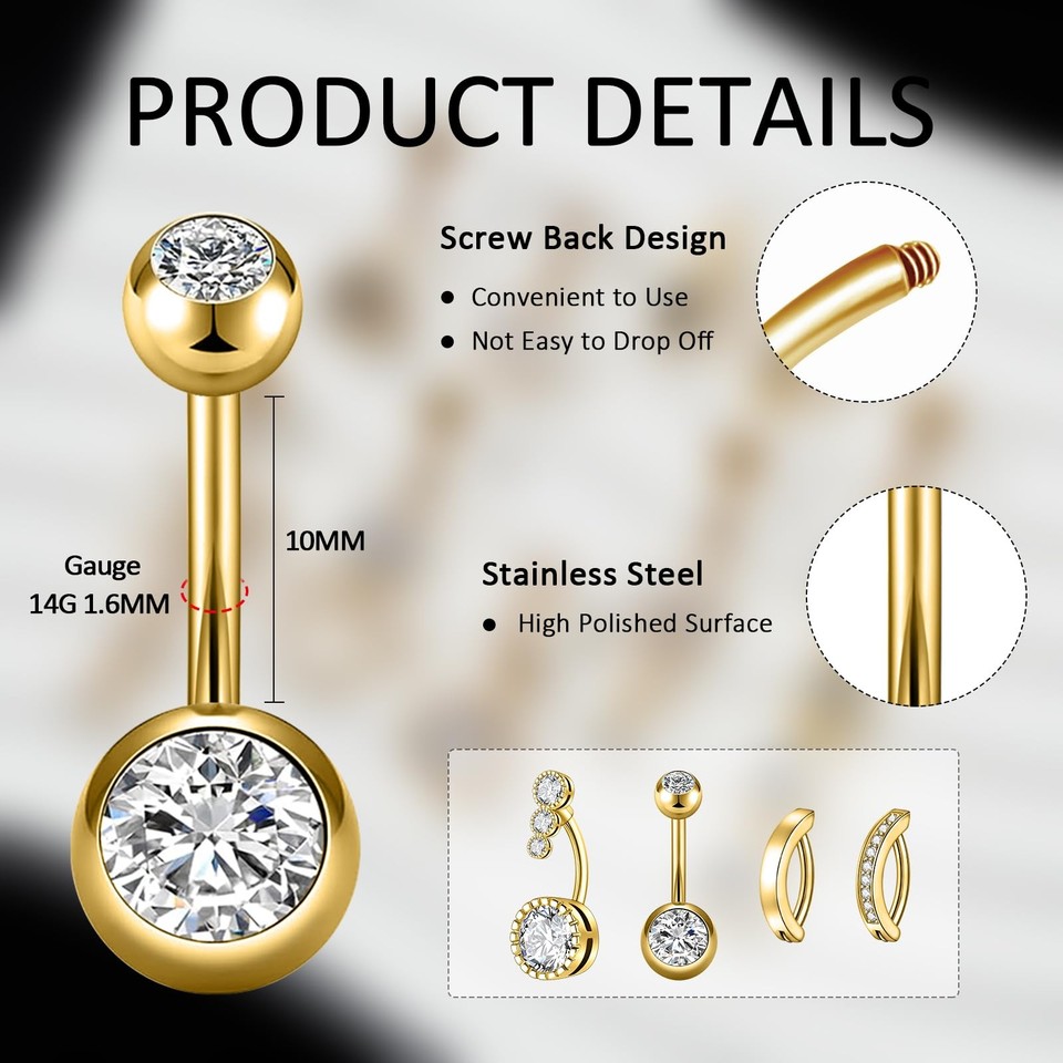 Beautidots 9PCS Belly Button Ring Gold Dangle 14g (1.6mm), 9PC Set | eBay
