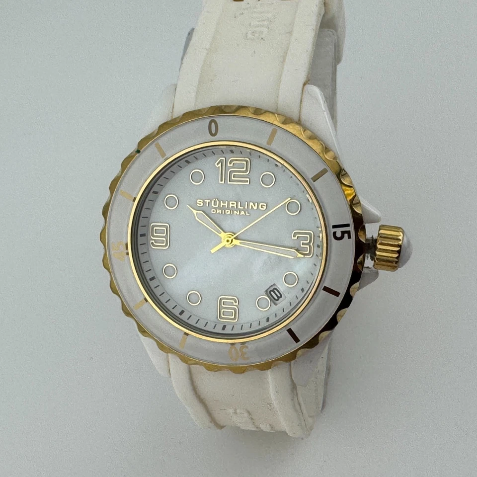 Reloj de Cuarzo Stuhrling Unisex 30m Blanco Cerámica Bisel Giratorio Analógico Batería Nueva Foto 2 de 4