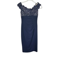 Xscape Womens Sz 2 Petite Navy Blue Formal Dress Lace Neckline Off Shoulder