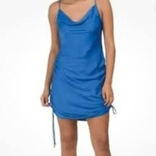 Free People Intimately Blue Satin Cowl Neck Ruched Mini Dress Size Medium