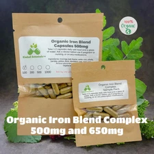 Organic Herbal Iron Blend, 500mg or 650mg vegetarian pullulan capsules, made