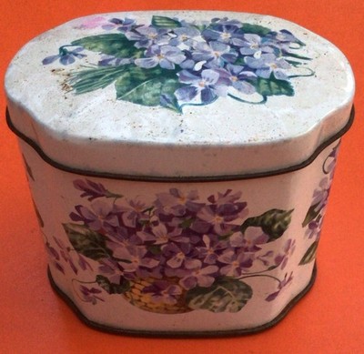 Vintage Retro 40er Huntley Palmers Dose Vergissmeinnicht Druck Blumen weiß flieder Box