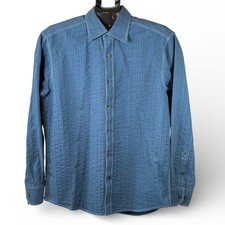 Cultura Mens Blue Textured Stripe Button Down Shirt Contrast Stitch Size L