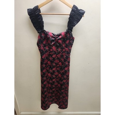 Francesca's Black Red Rose Floral Ruffle Strap Smocked Midi Dress XS Side Slit
