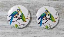 wood bird macaw sewing buttons 4 holes 1 1/4 inch green blue 2pc set