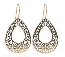 Large 14k Yellow Gold 1.5 Inch Filigree Swirl Cutout Openwork Tear Drop Earrings