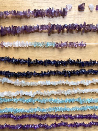 Asstd New Old Stock 8" Chip bead strands Amethyst, Aquamarine, Lolite, Moonstone