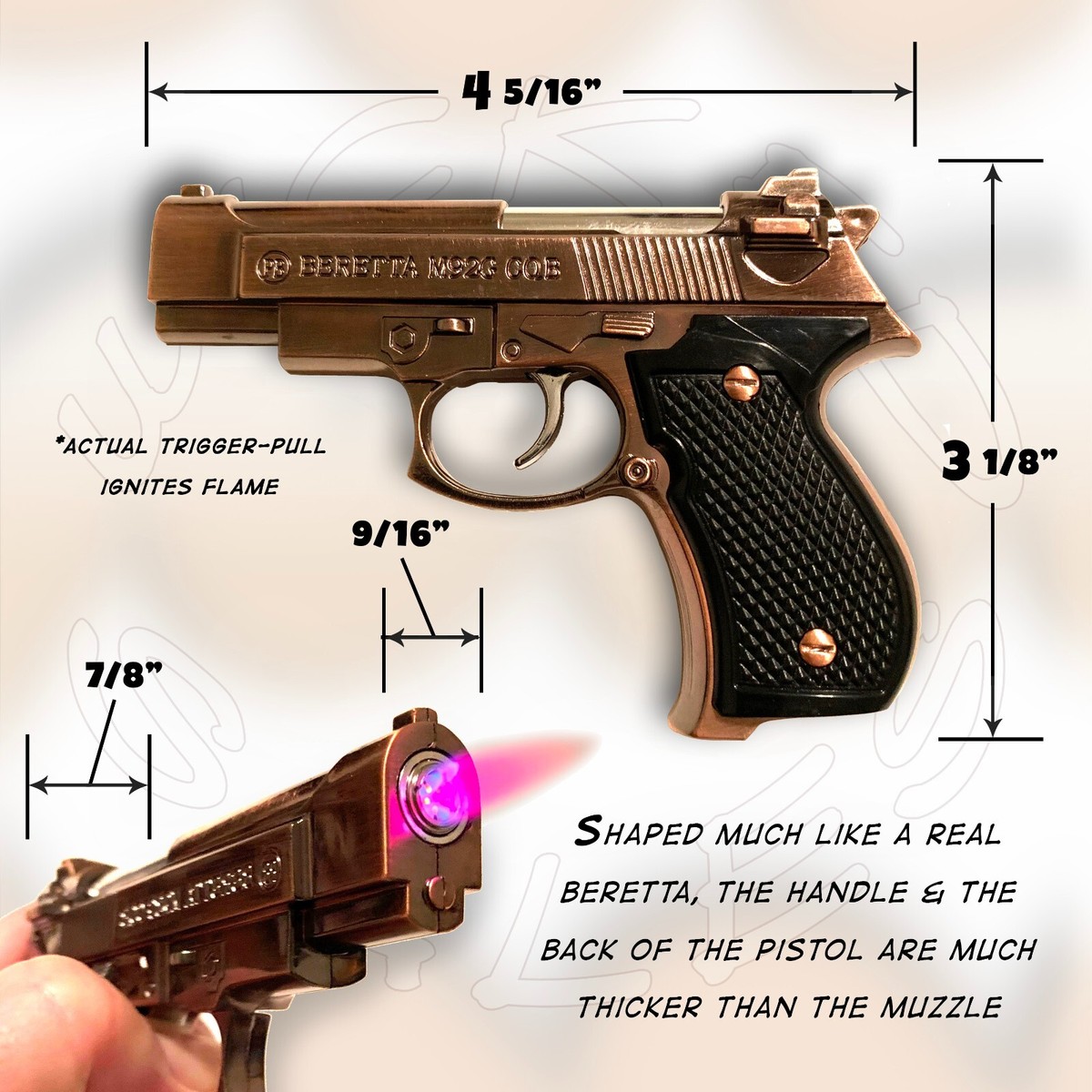 Beretta M92G Jet Torch Pistol Gun Lighter 1/2 Scale Bronze