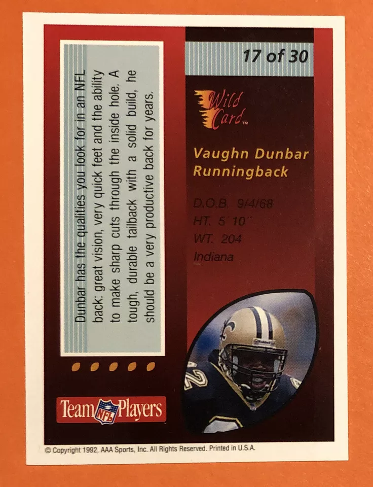 1992 Wild Card Red Hot Rookies Vaughn Dunbar 50 Stripe - Image 2 of 4