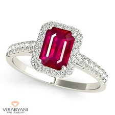1.20 ct. Natural Emerald Cut Ruby Ring With 0.25 ct. Diamond Halo 14K White Gold