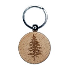 Hand Drawn Sketchy Christmas Evergreen Tree Engraved Wood Round Keychain