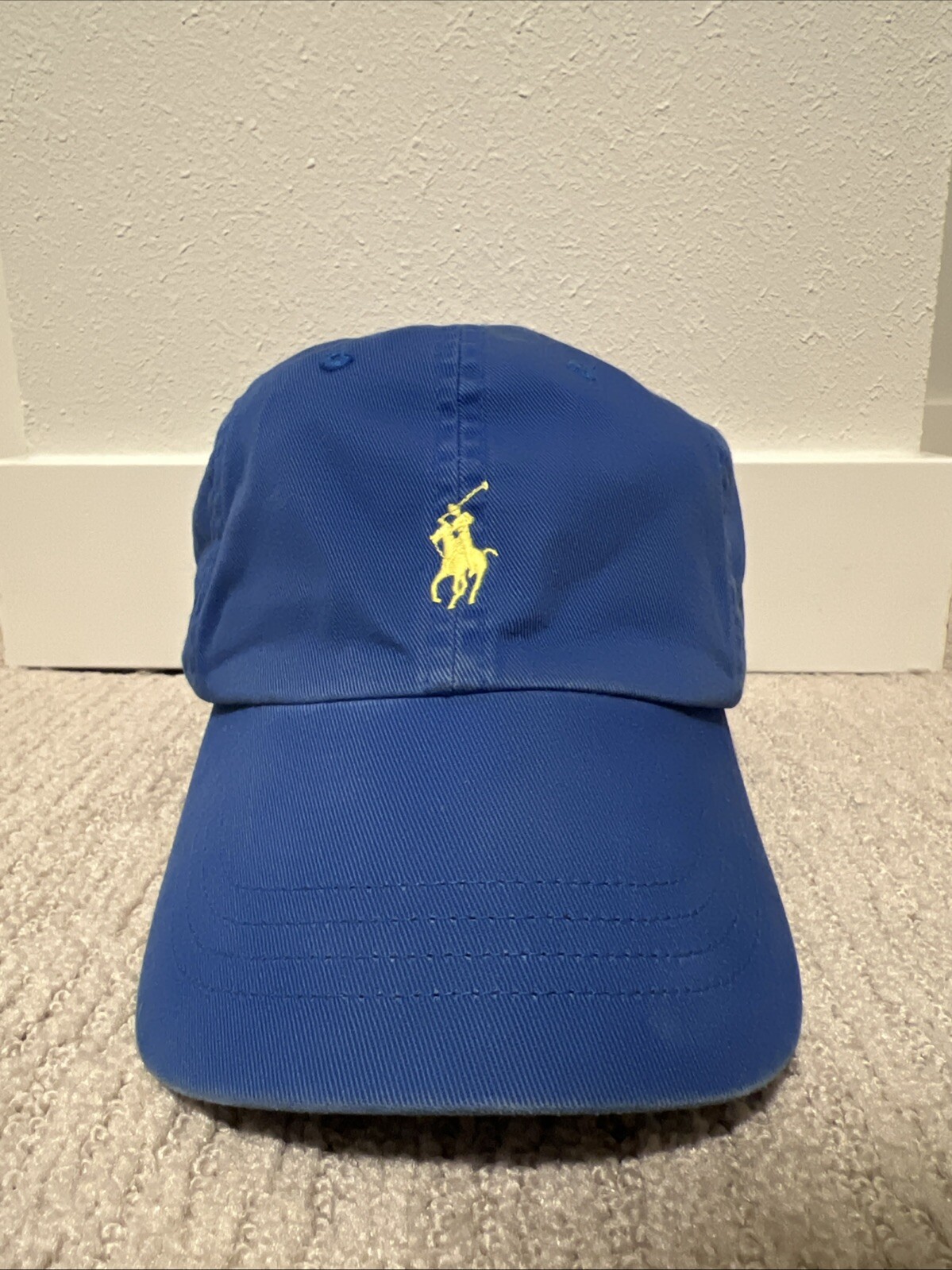 Cappello Vintage Polo Ralph Lauren Blu Giallo Pony Regolabile Cinturino Pelle Cappello