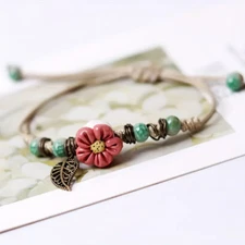 Adjustable Ceramic Beaded Boho Bracelet - Handmade Ethnic Style Floral Red