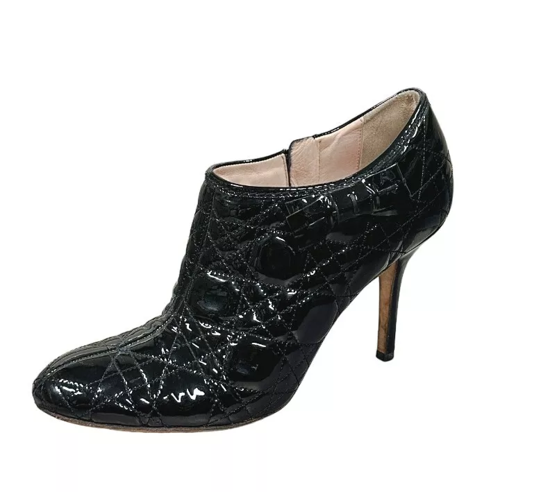 Bottines à talons cuir verni noir CHRISTIAN DIOR Cannage 39,5 9,5 chaussures