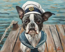 8x10 Matte Print Boston Terrier Sailor by Dock