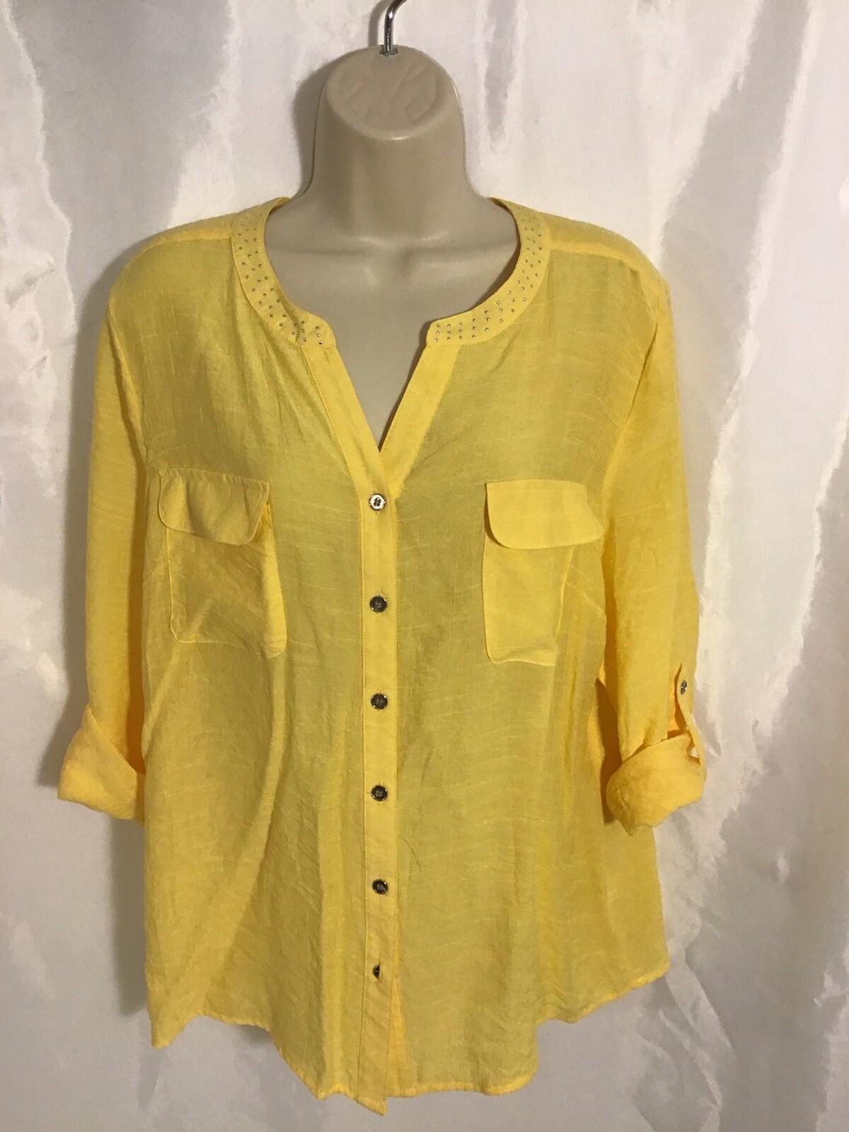 Notations Button Up Blouse Yellow Roll Tab Long Sleeve Blouse Sz PXL B4
