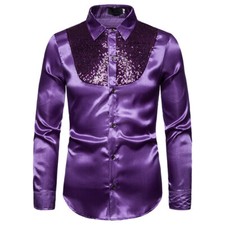 Men Sequins Embroidered Western Shirts Slim Long Silk Shirt Disco Party Shirt +A