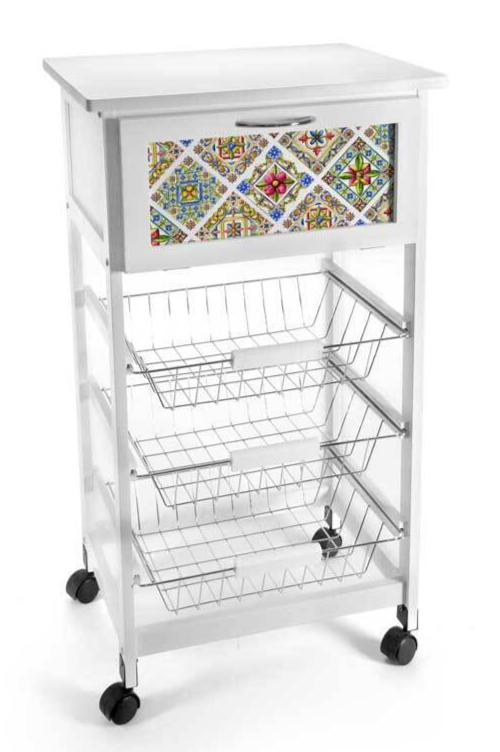 CARRELLO CUCINA LEGNO 3 CESTE PORTA FRUTTA CASSETTO ANTA TERRA E SOLE 85*47*37